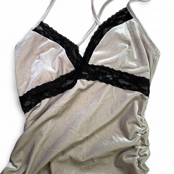 Dresses & Skirts - Forever 21 silver velvet metallic slip dress with black lace trim, size S